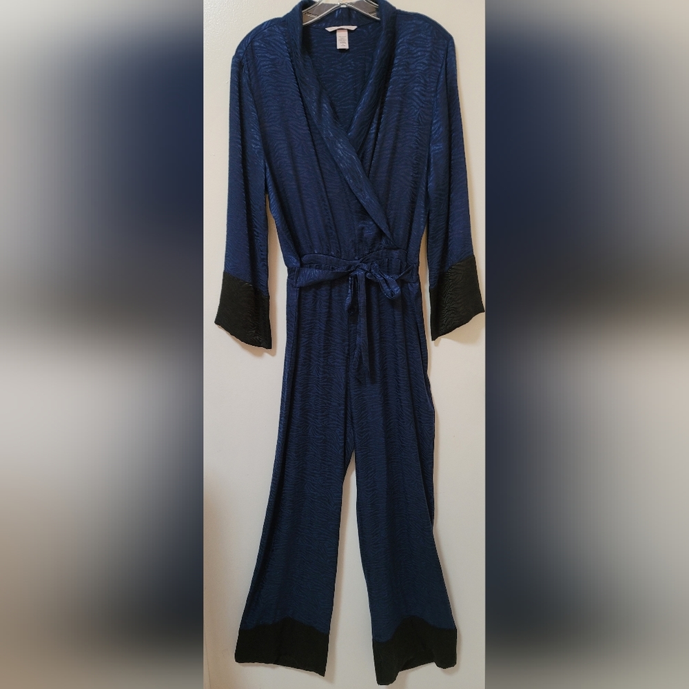 Victoria's Secret Blue Satin Zebra Print Jumpsuit Long Sleeve Size Medium - Picture 3 of 14